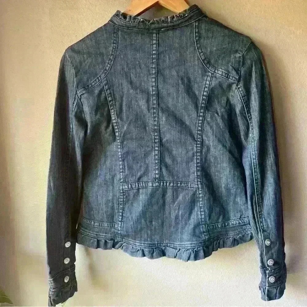 CHRISTINE ALEXANDER Jean Jacket Ruffle Trim Rhinestone Buttons Denim XS - Picture 6 of 12